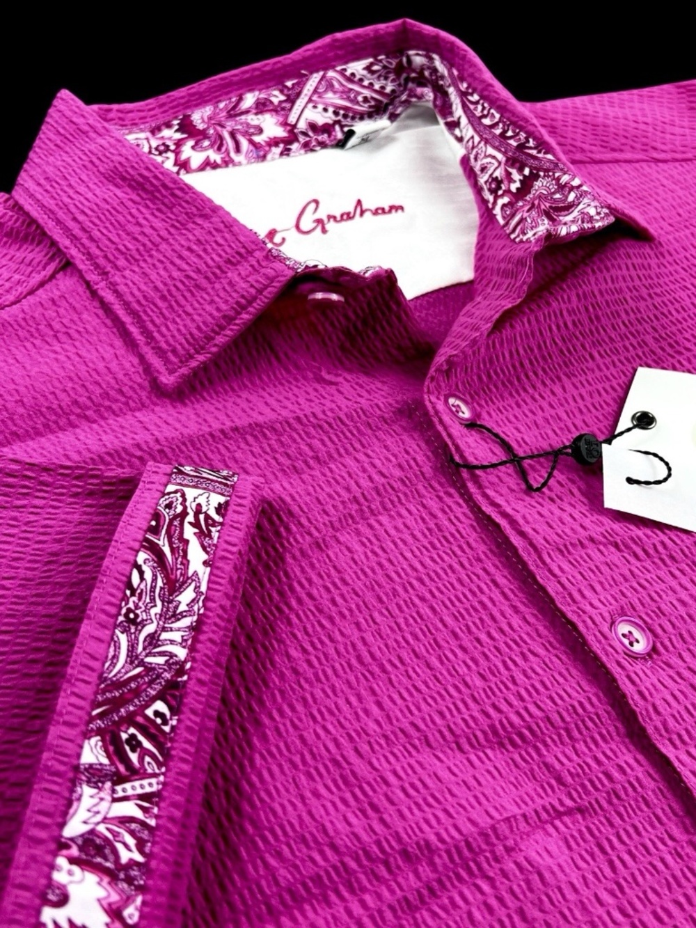 NEW Robert Graham Solid Short Sleeve Seersucker XL Magenta Stretch Shirt